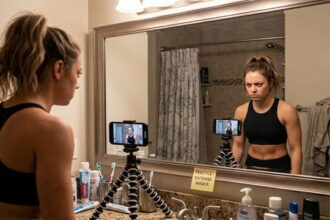 Female fitness influencer wearing gym clothes staring into a mirror for a TikTok video.