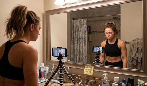 Female fitness influencer wearing gym clothes staring into a mirror for a TikTok video.