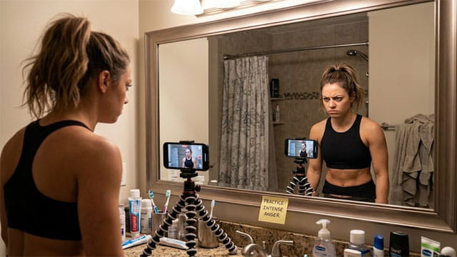 Female fitness influencer wearing gym clothes staring into a mirror for a TikTok video.