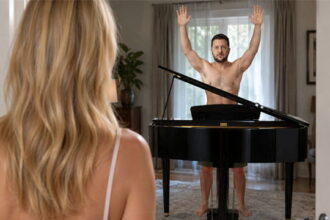Ukraine President Zelensky playing piano inside of a bedroom as his blonde wife watches from the doorway.